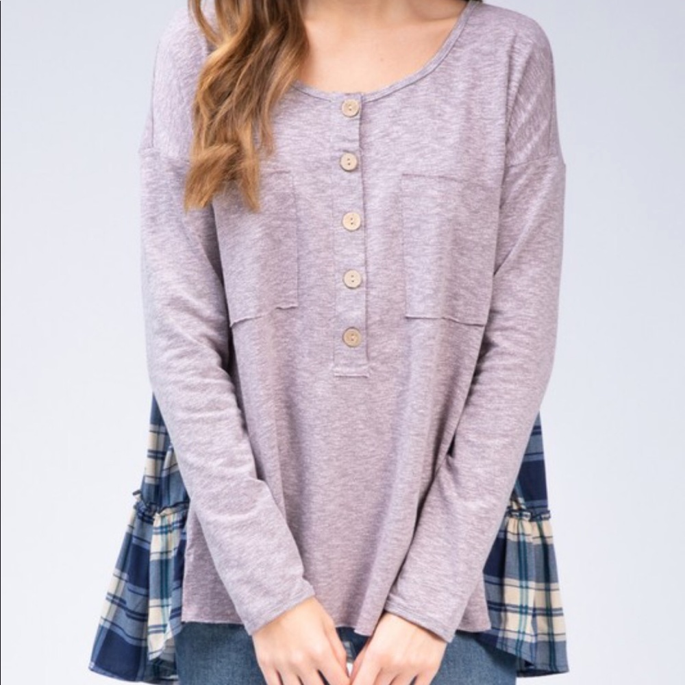 NEW Boutique Henley Top with Plaid Panel Backing